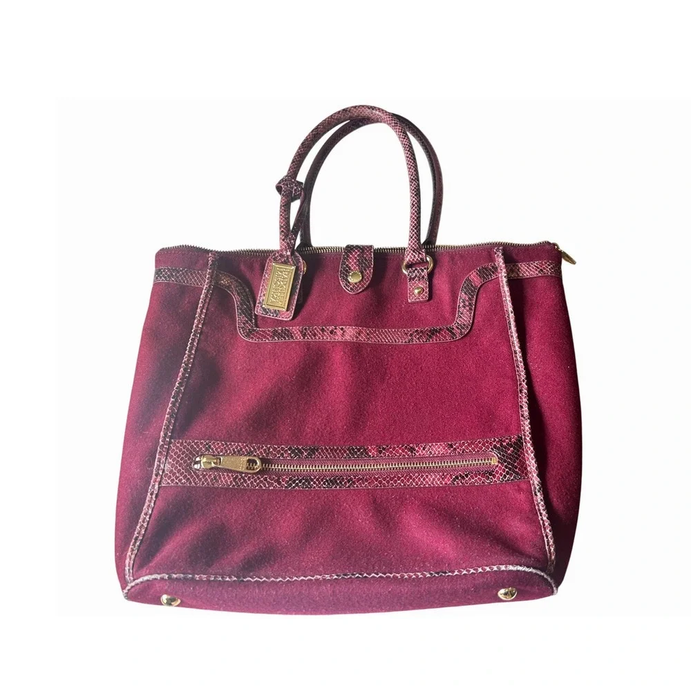 Badgley Mischka Burgundy Wool Tote Bag Snakeskin Trim Zip Pocket‎ Satchel